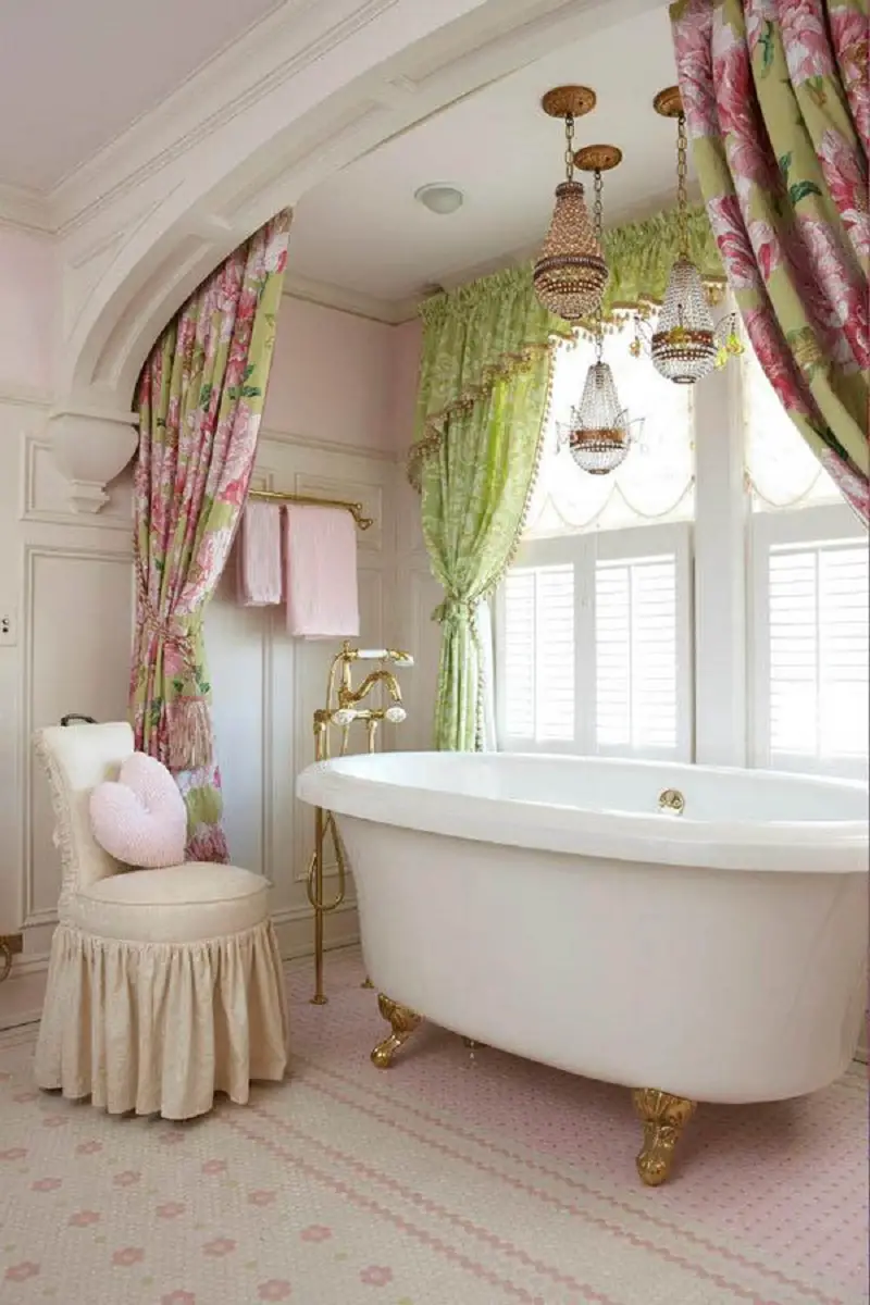 Bathroom With Floral Curtains