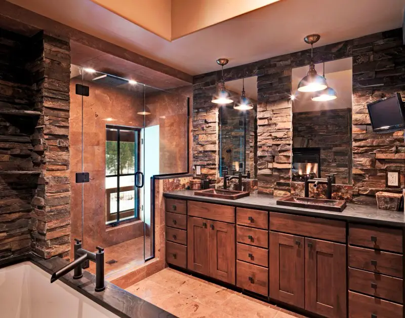 Rustic Bathroom With Double Vanity And Exposed Bricks