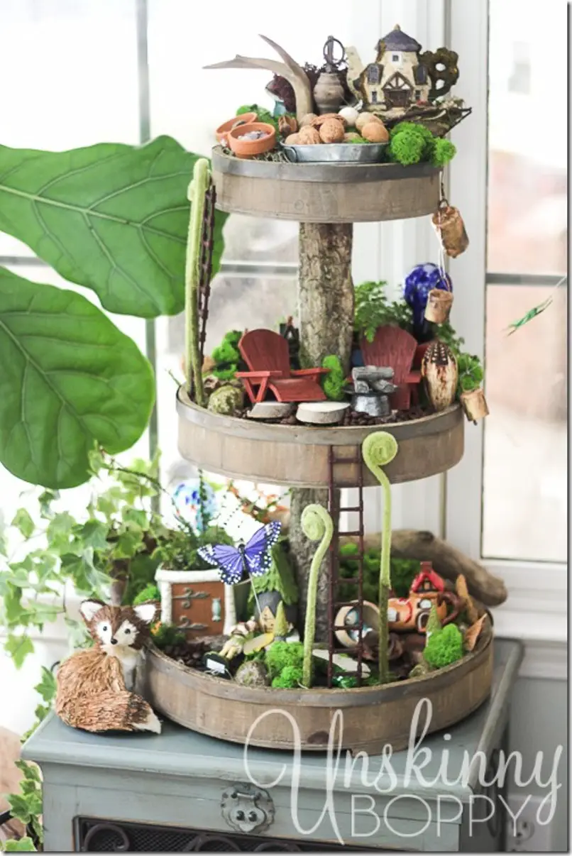 Fairy Garden In A Rustic Wooden Tiered Tray