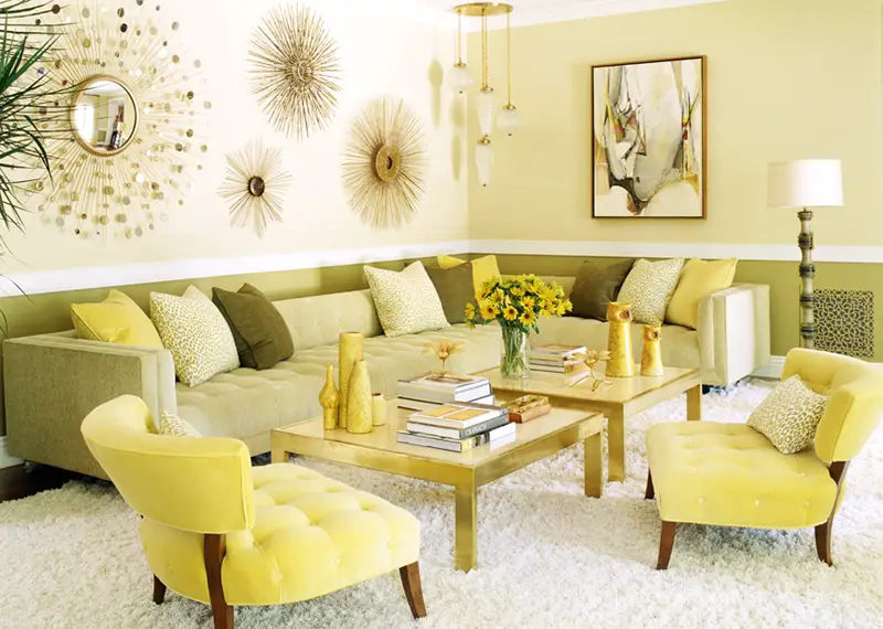 Yellow Living Room With Sunburst Mirror