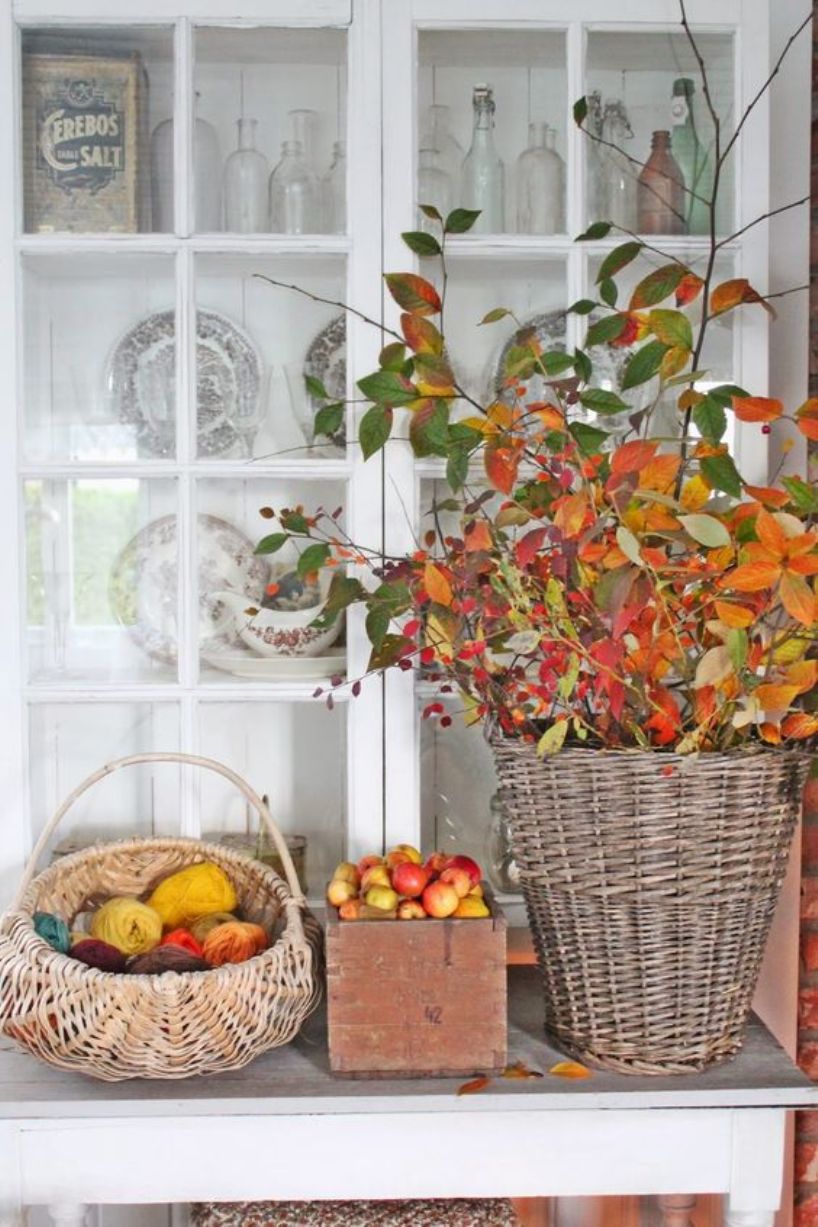 With Colorful Yarn And Fall Leaves