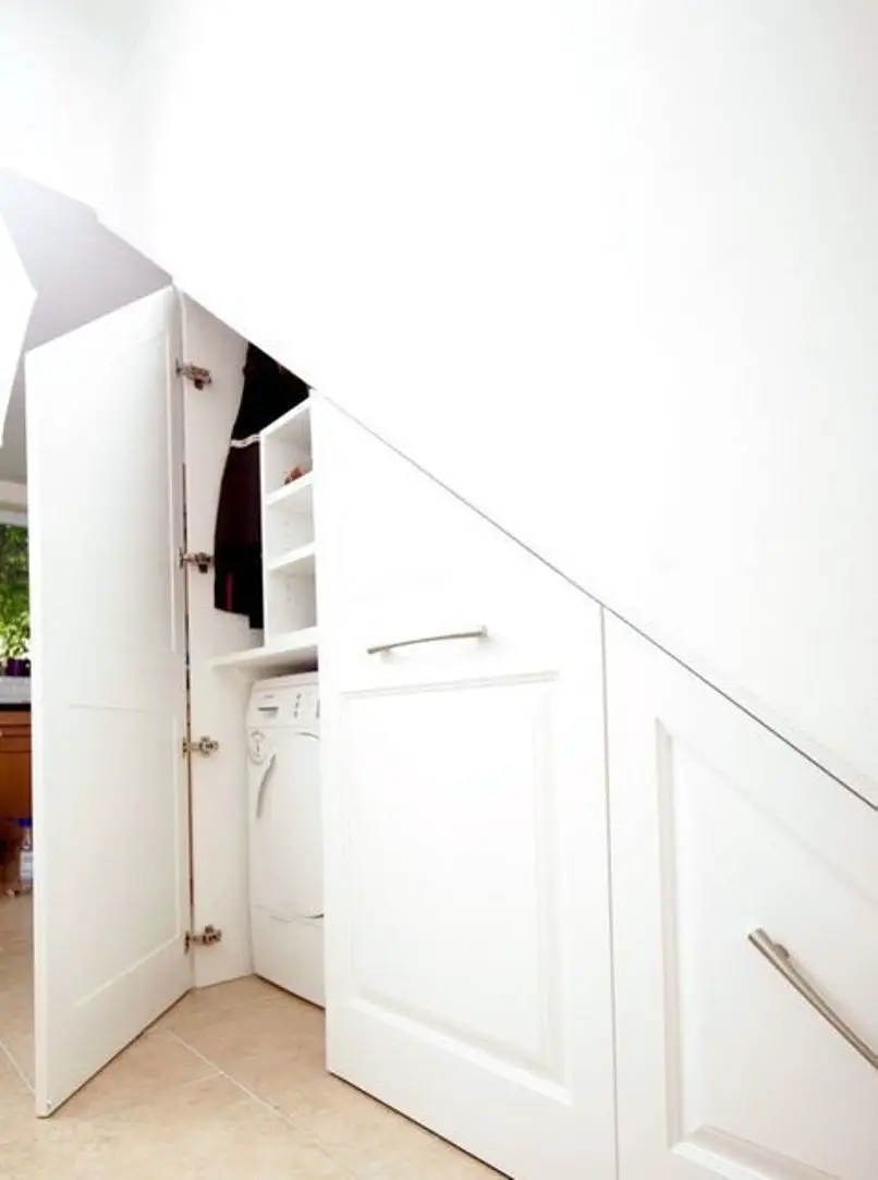A Built In Laundry Space Under The Stairs
