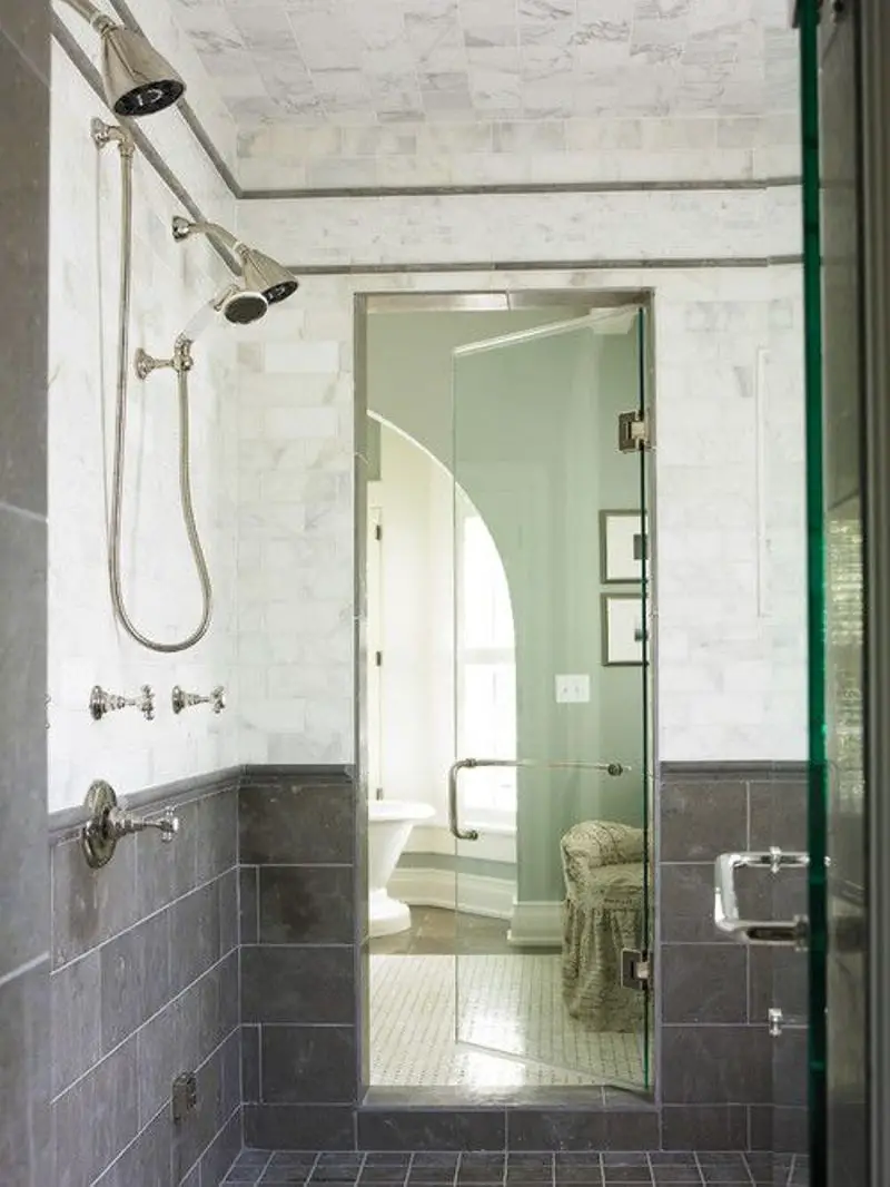 Black And White Bathroom With Double Shower