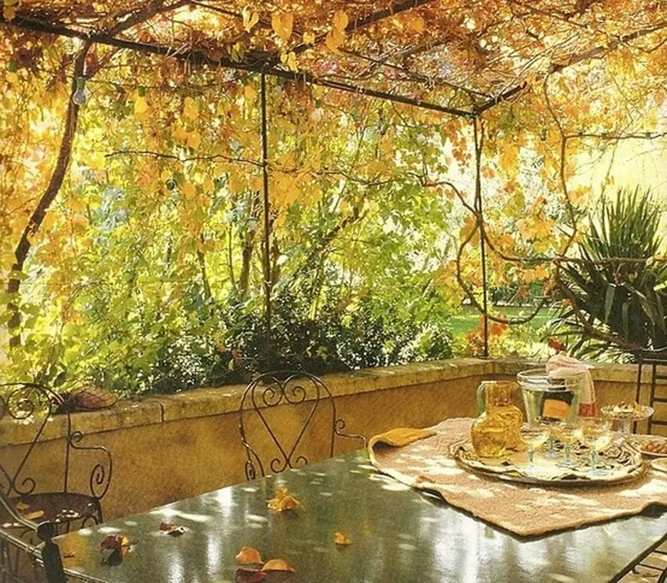 Хорошо в беседке в осеннюю ночь текст. Осень веранда. Терраса с видом на осенний сад. Уютная веранда с видом осень. Вид из террасы осень.