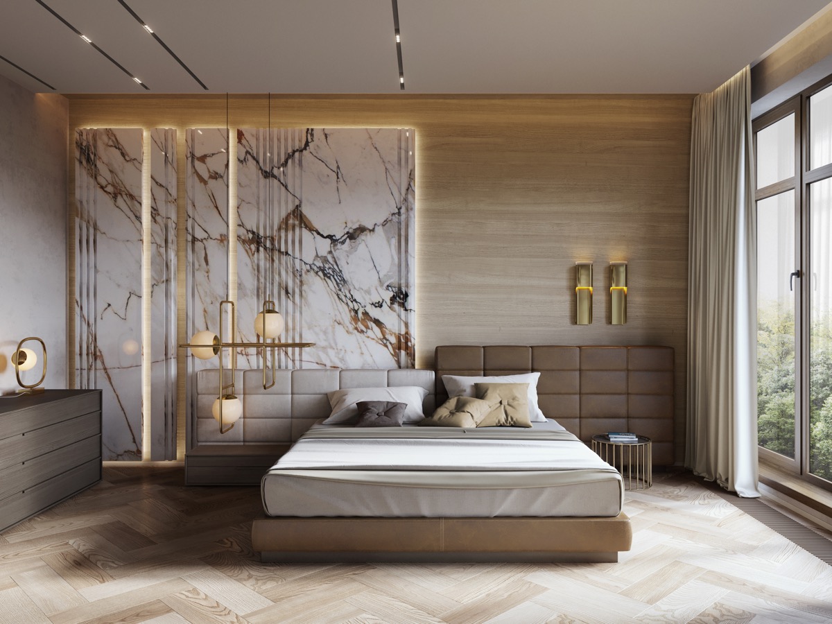    White Marble And Wood Master Bedroom Luxury Bedroom Decor Ideas Chevron Wood Floor 